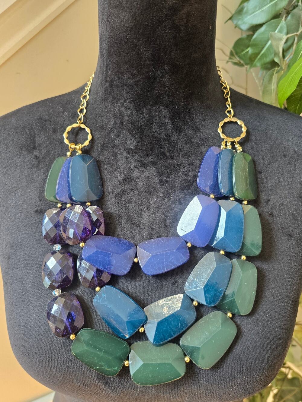 Blue Green Purple Chunky Stone Multi Strand Statement Necklace Boho Fashion